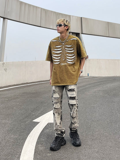 Skeleton Print Washed Oversize Short Sleeve T-Shirt WN24282