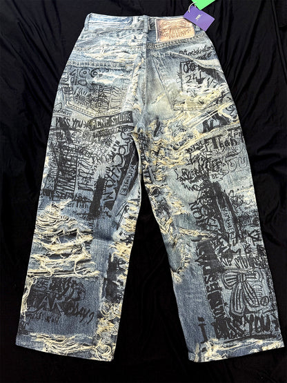 3D Graffiti Print Washed Wide Leg Denim Jeans WN18595