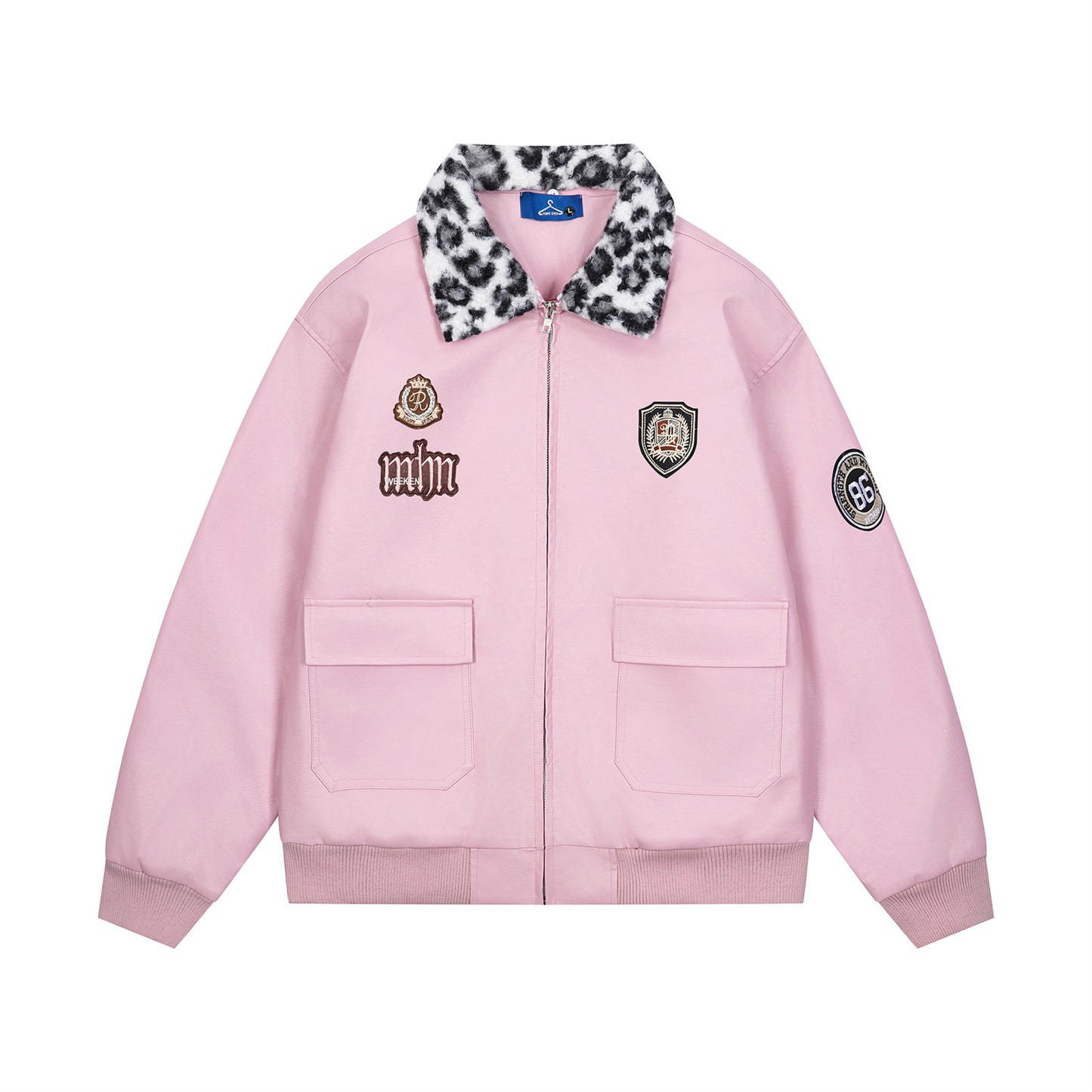 Badge Embroidery Detachable Leopard Collar PU Leather Jacket WN11189