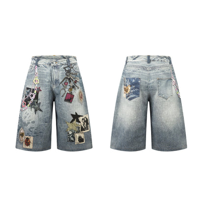 Washed Charm Patch Wide Leg Cropped Denim Jeans WN25564