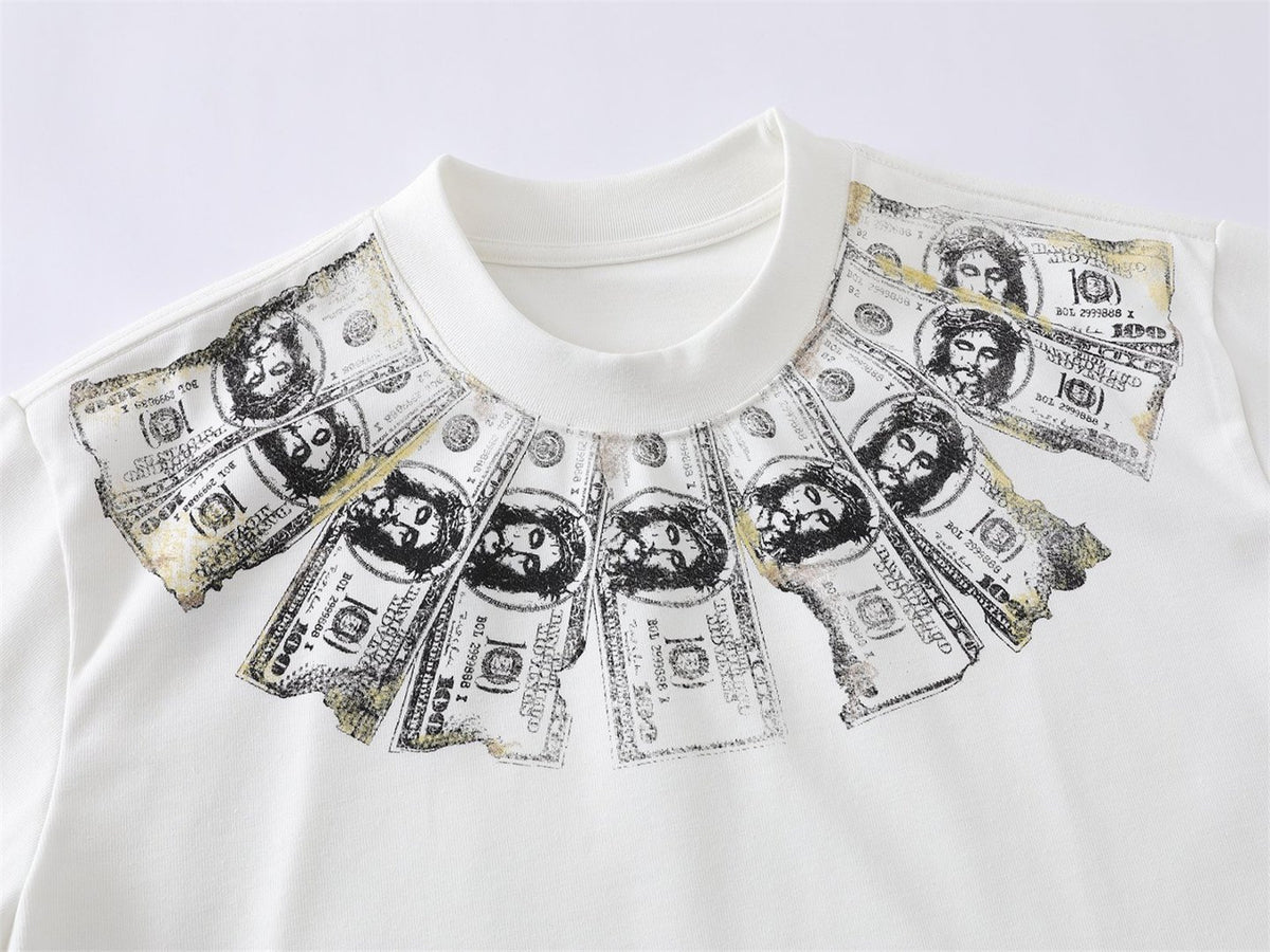 Dollar Bill Collar Print Short Sleeve T-Shirt WN26824