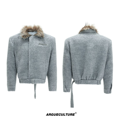 Detachable Fake Fur Collar Textured Thick Wool Short Jacket WN21734