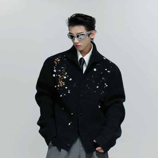 Sequin High-Neck Ribbed Knit Cardigan WN21700