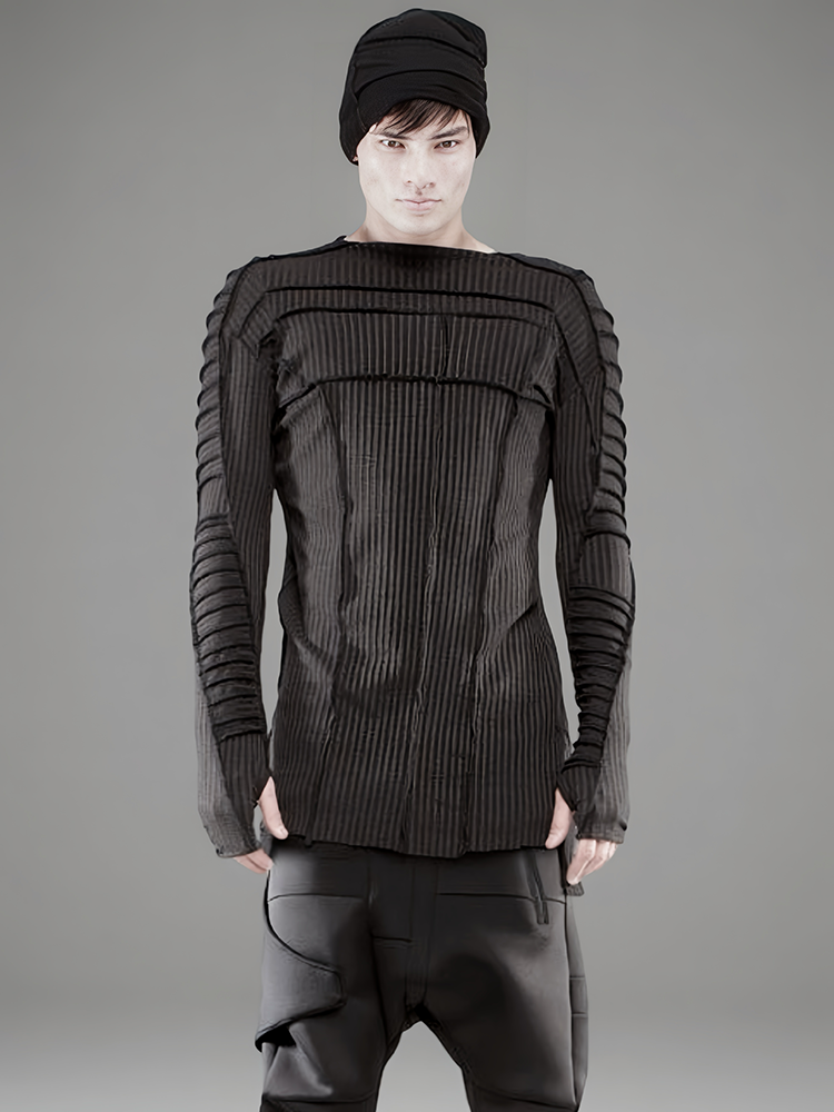 Asymmetric Pleats Deconstructed Slim Ribbed Long Sleeve T-Shirt WN21970
