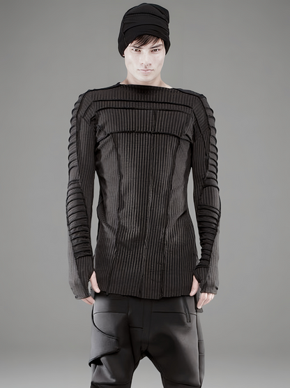 Asymmetric Pleats Deconstructed Slim Ribbed Long Sleeve T-Shirt WN21970