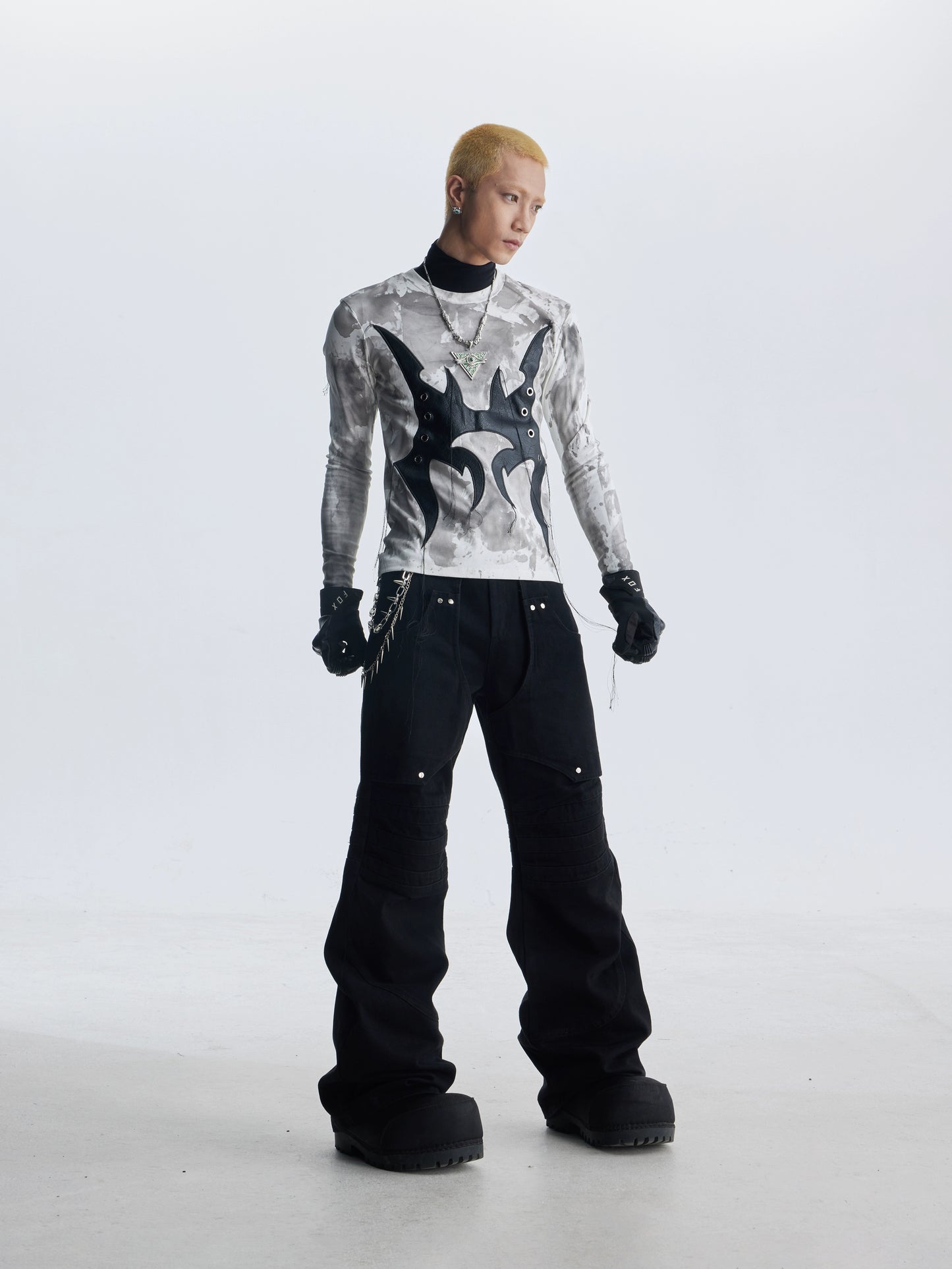 Tie-dye PU Mix Fringe Long Sleeve T-Shirt WN20821