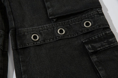 Washed Eyelet Cargo Denim Jeans WN25447