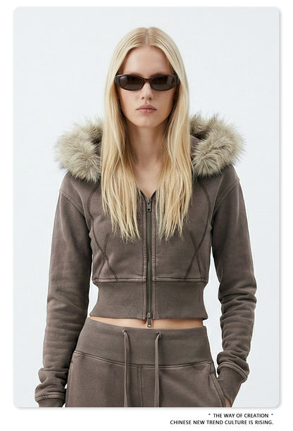 Fake Fur Lining Zip-Up Cropped Zipper Hoodie WN23115