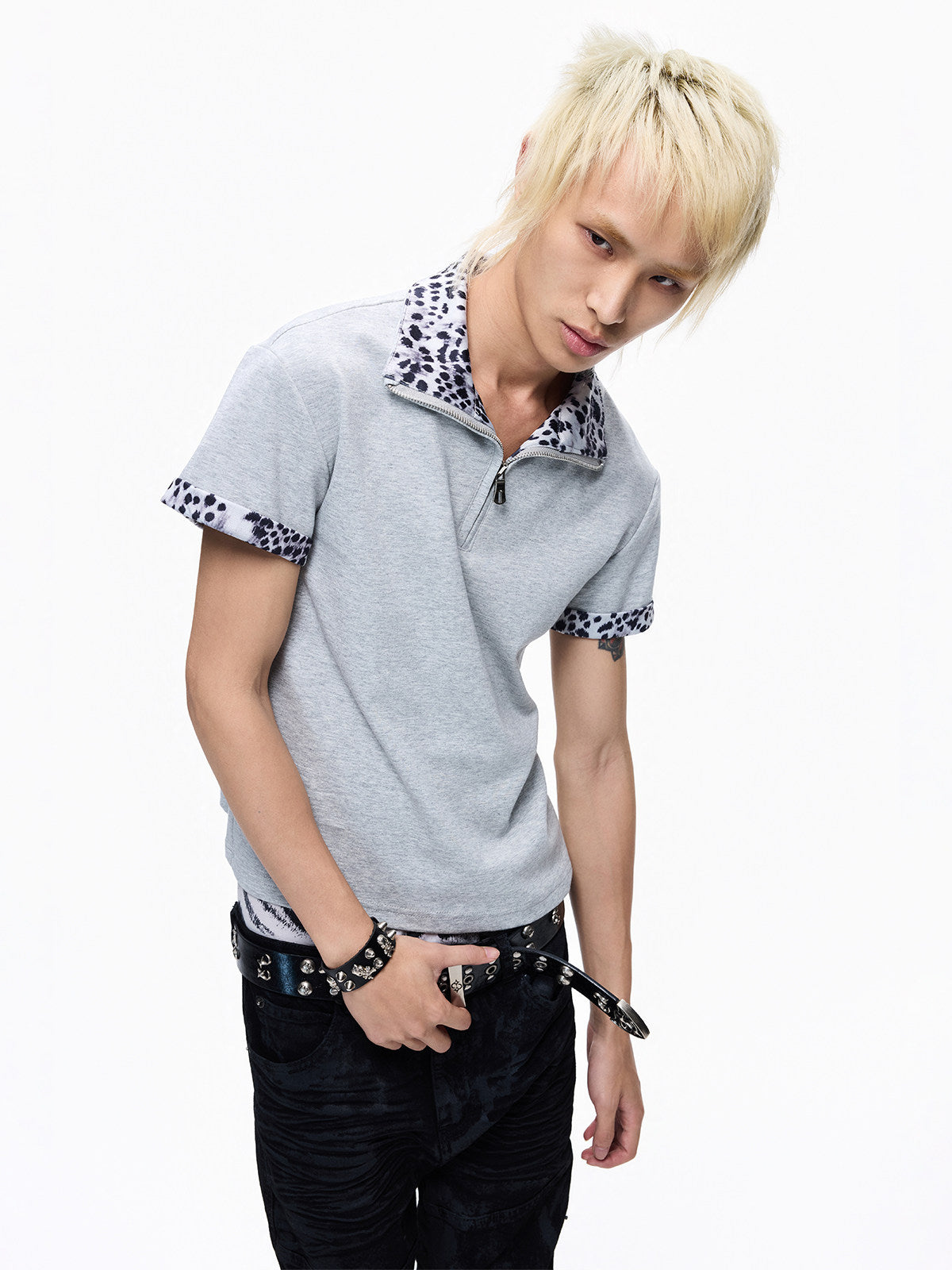 Leopard Trim Half-Zip Short Sleeve T-Shirt WN27258