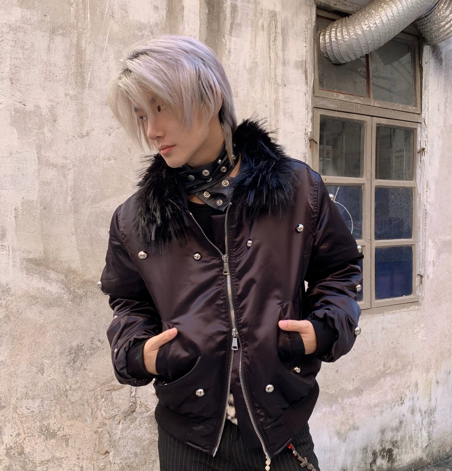 Fake Fur-Collar Rivet Zipper Bomber Jacket WN22206