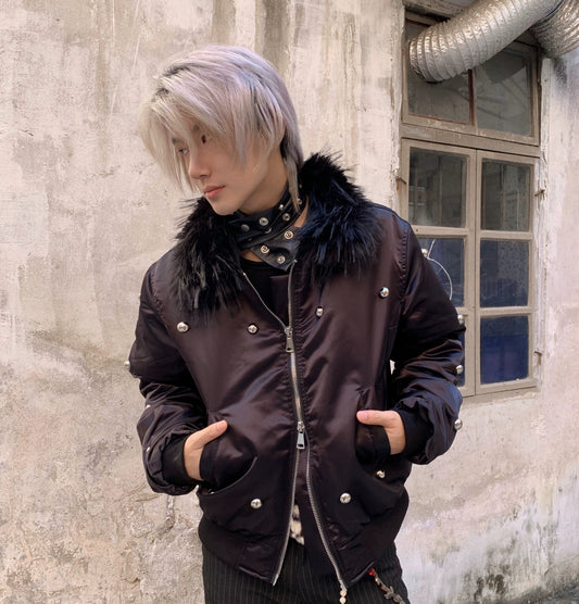 Fake Fur-Collar Rivet Zipper Bomber Jacket WN22206