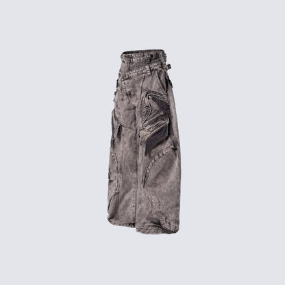 WN27973 Heavy-work distressed washed wide-leg jeans, asymmetrical waistband mesh patchwork, punk functional high street pants WN27973