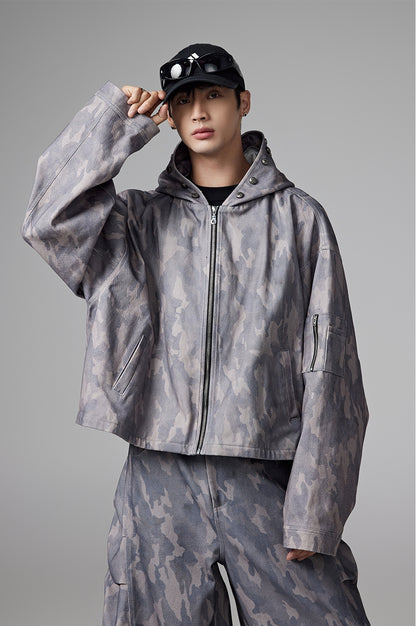 Camouflage Oversize Short Hooded Jacket & Cargo Pants Setup WN13314