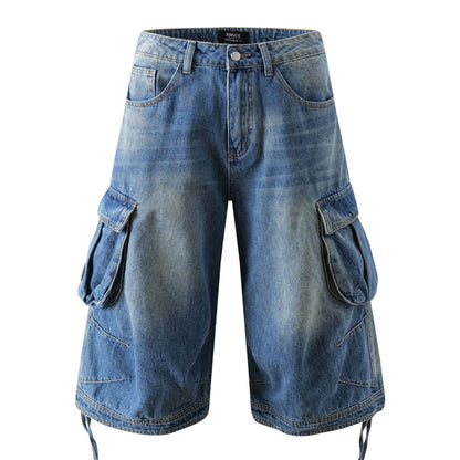 Washed Multi Pocket Cargo Denim Half Jeans WN26123