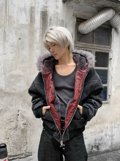 Hooded Fake Fur-Collar Zipper Short Jacket WN22217