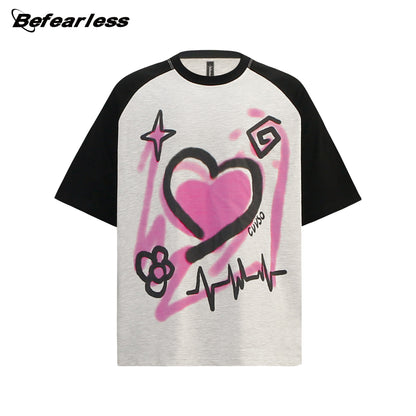 Color-Block Graffiti Heart Oversize Short Sleeve T-Shirt WN26331