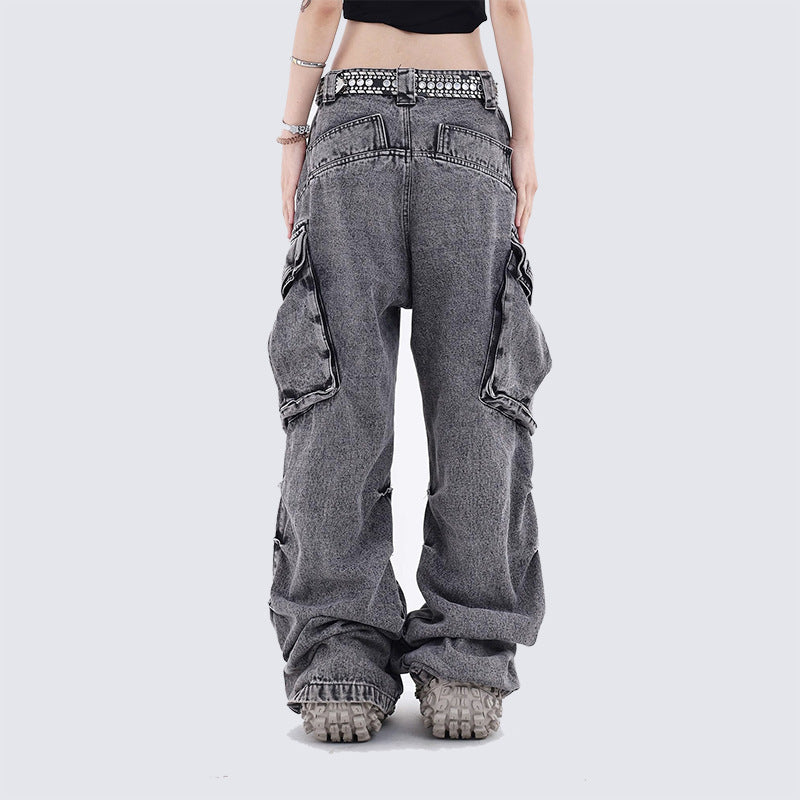 Washed Stacked Wide Leg Cargo Denim Jeans WN27943