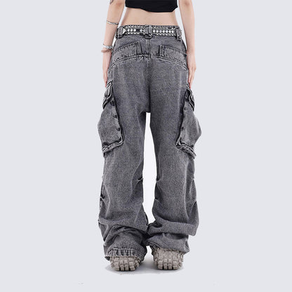 Washed Stacked Wide Leg Cargo Denim Jeans WN27943