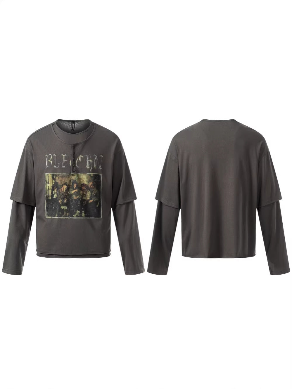 Washed Fake Layered Graphic Henley Long Sleeve T-Shirt WN28016