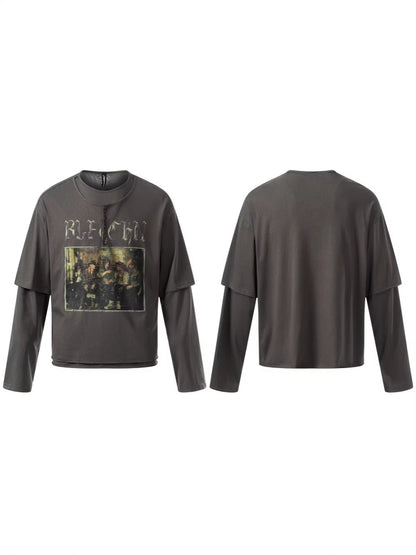 Washed Fake Layered Graphic Henley Long Sleeve T-Shirt WN28016
