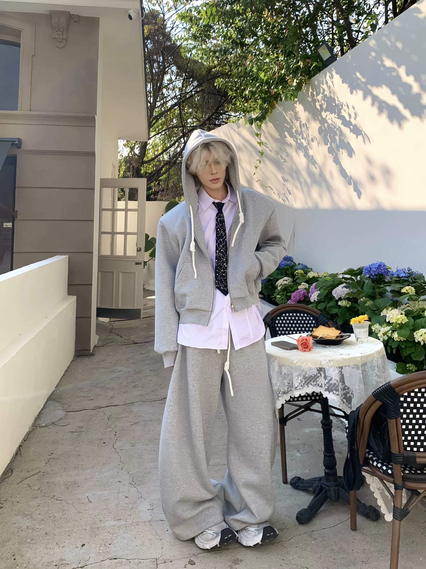 Drawstring Zipper Hoodie & Wide-leg Sweatpants Setup WN19870