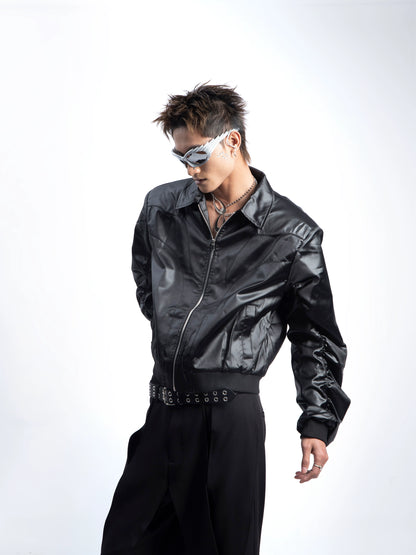 Glossy PU Leather Shoulder-Pad Jacket WN20635
