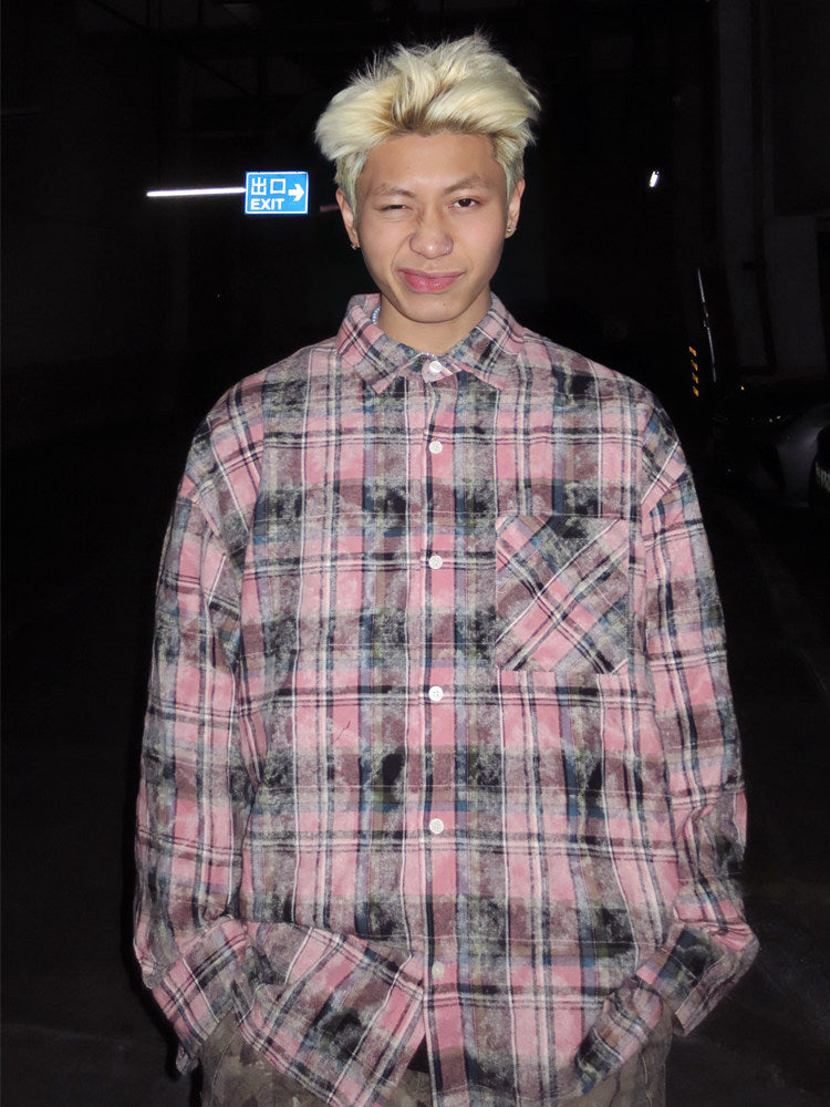 Plaid Washed Back Letter Print Long Sleeve Shirt WN27403