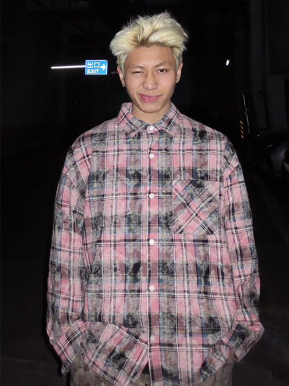 Plaid Washed Back Letter Print Long Sleeve Shirt WN27403