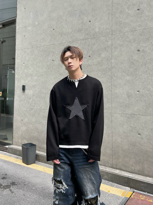 Star Patch Fake Layered Long Sleeve T-Shirt WN12860