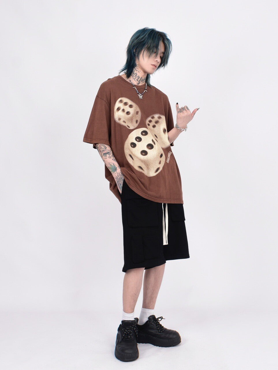 Dice Print Washed Oversize Short Sleeve T-Shirt WN24461