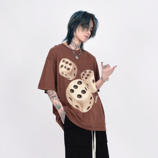 Dice Print Washed Oversize Short Sleeve T-Shirt WN24461