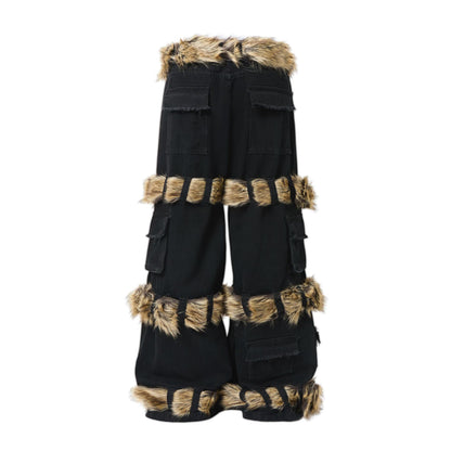 Fake Fur Trim Multi-Pocket Wide Leg Cargo Pants WN23087