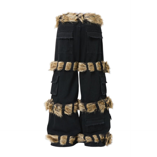 Fake Fur Trim Multi-Pocket Wide Leg Cargo Pants WN23087