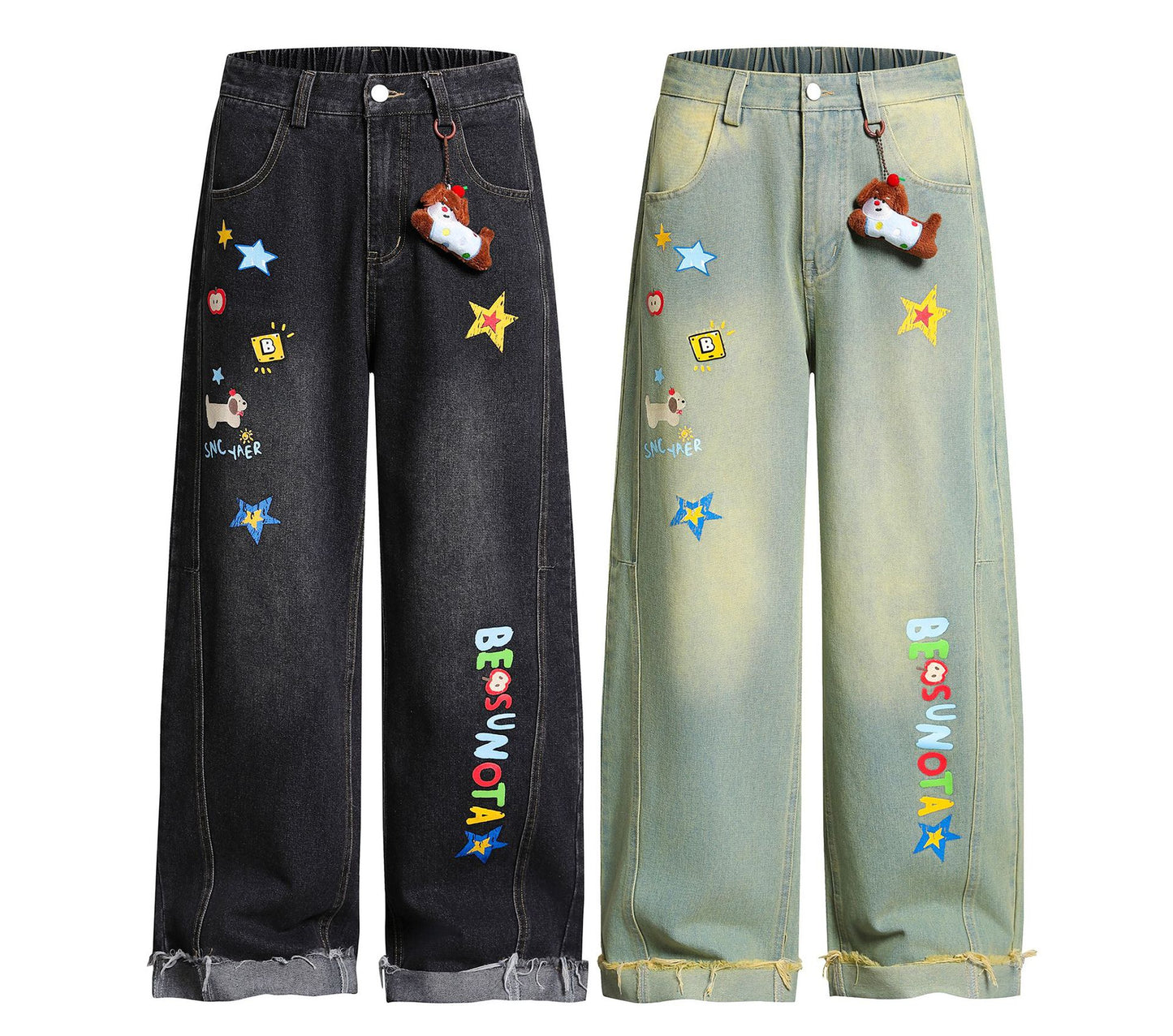 Cartoon Embroidery Wide Leg Denim Jeans WN26969