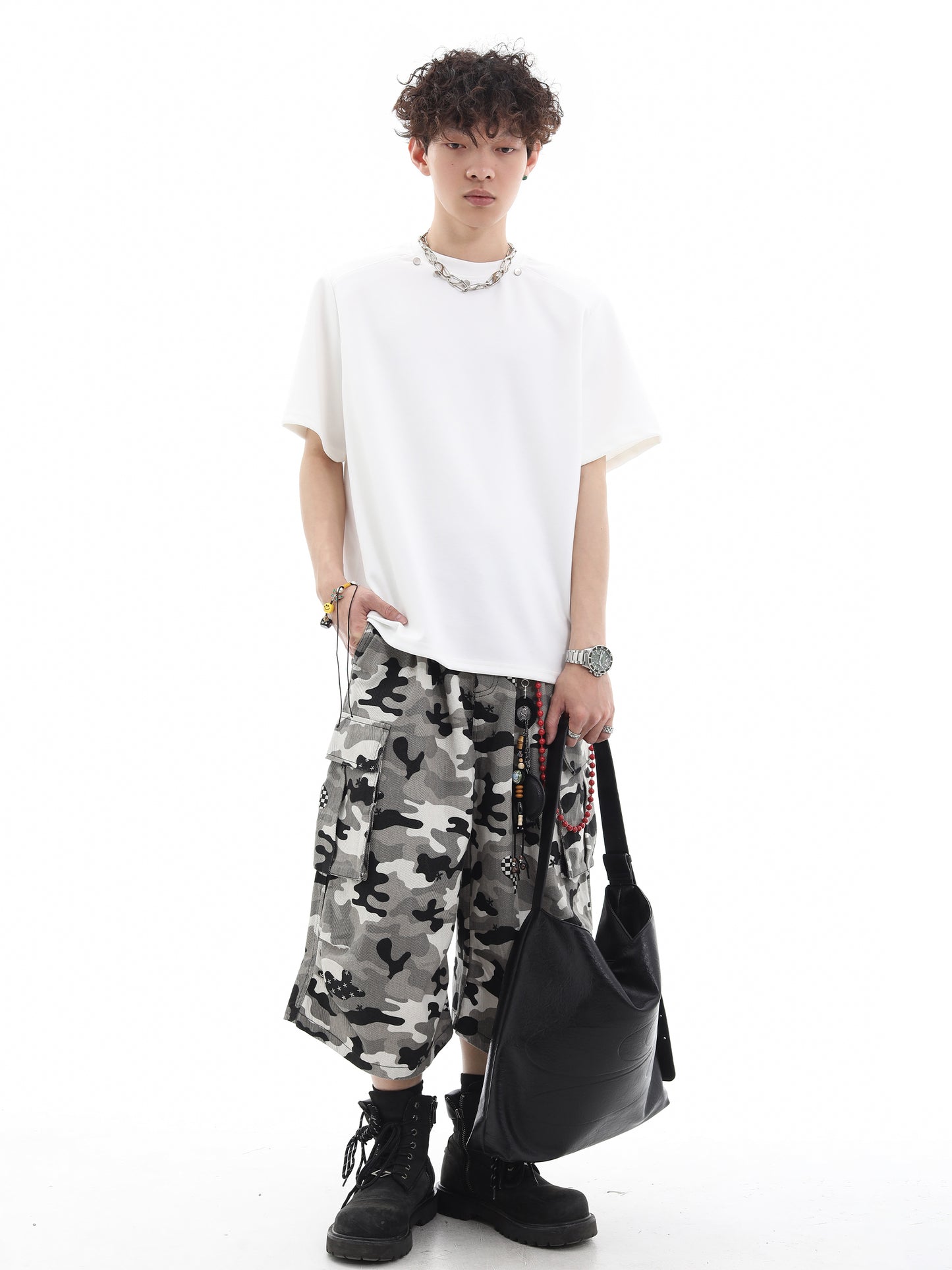 Metal Button Oversize Short Sleeve T-Shirt WN15665