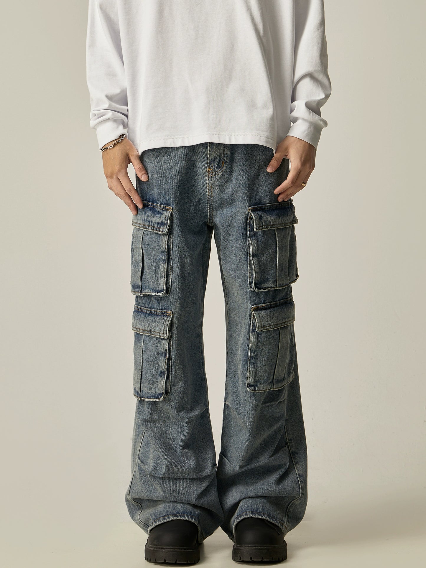 Washed Multi Pocket Straight Cargo Denim Jeans WN8978