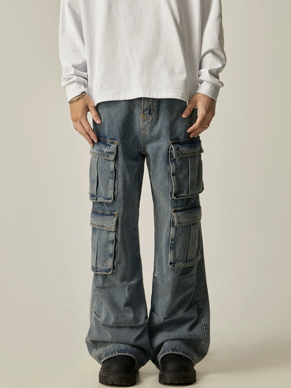 Washed Multi Pocket Straight Cargo Denim Jeans WN8978