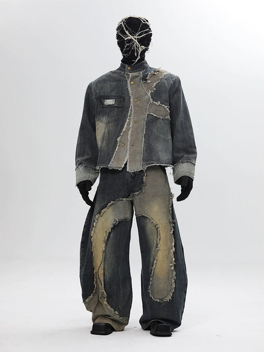 Deconstructed Patchwork Washed Denim Jacket & Damage Wide Leg Denim Jeans Setup WN18681