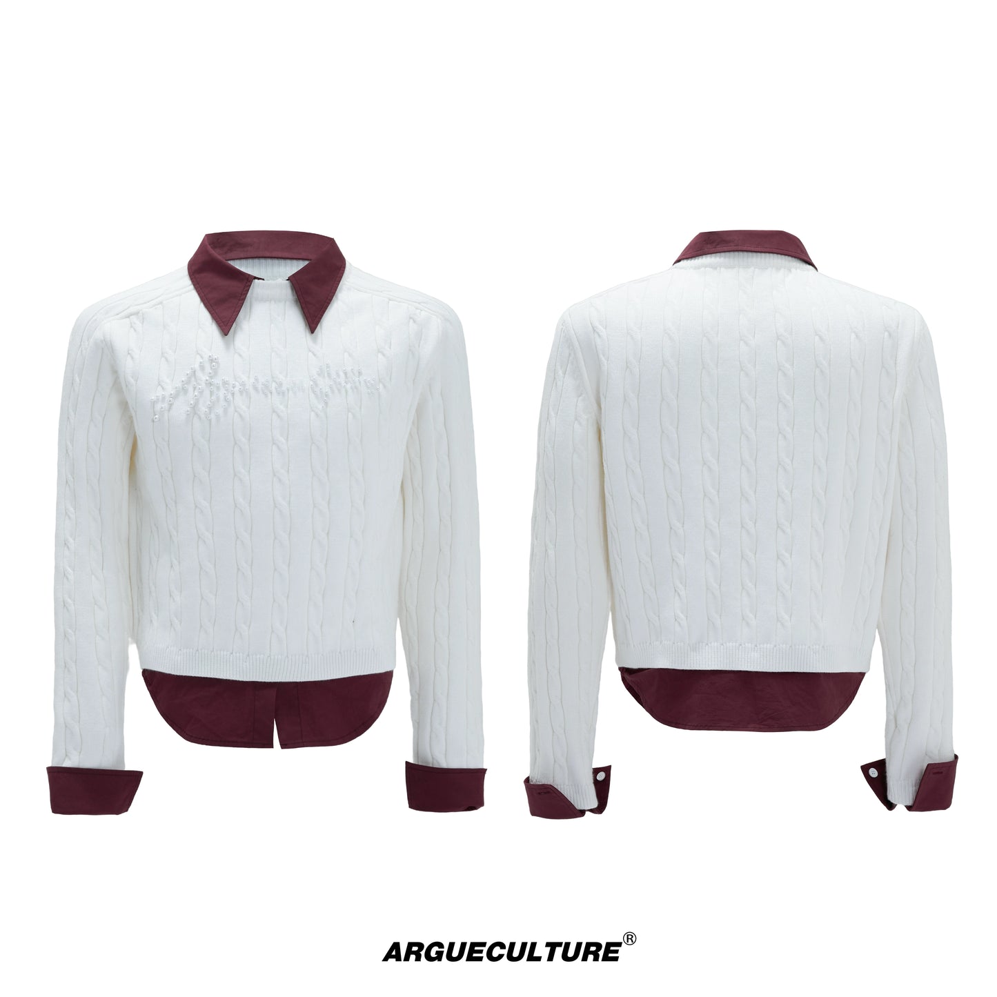 Fake Layered Pearl Embellished Thick Knit Sweater WN21721