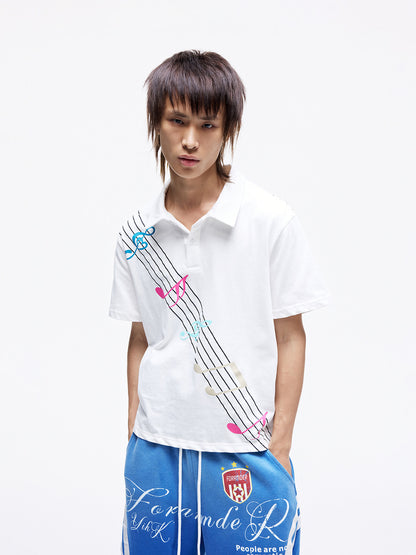 Colorful Music Staff Print Short Sleeve Polo Shirt WN27271