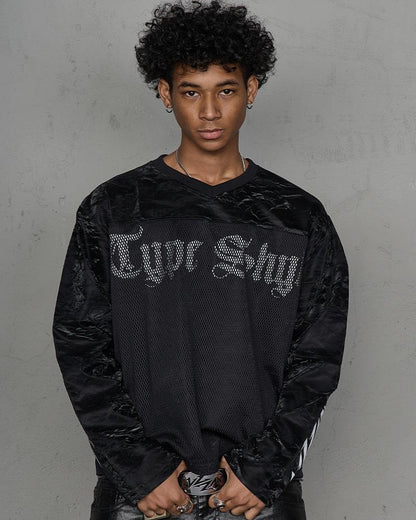 Velvet Texture Mesh Hollow Print Long Sleeve T-Shirt WN20988