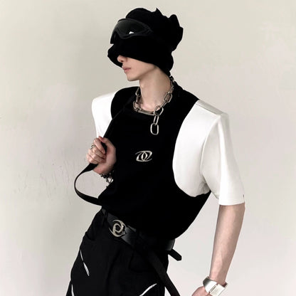 Colorblock Shoulder-pad Short Sleeve T-Shirt WN20349