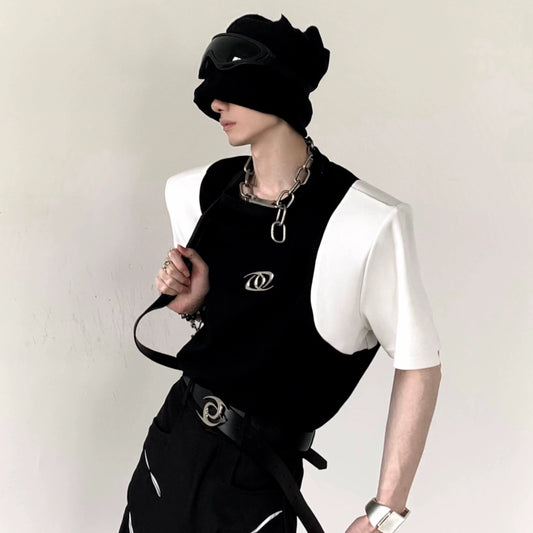 Colorblock Shoulder-pad Short Sleeve T-Shirt WN20349