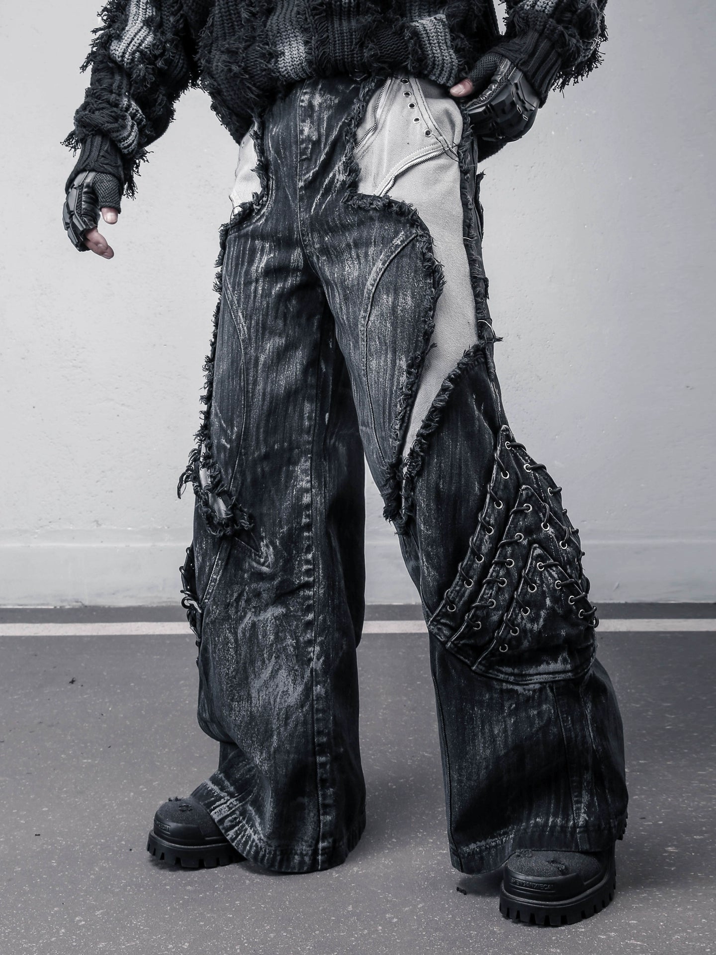 Damage Wash Mix Patch Deconstruct Wide Leg Denim Jeans WN22413