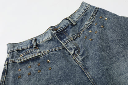 Washed Studs Panel Cropped Denim Half Jeans WN25766