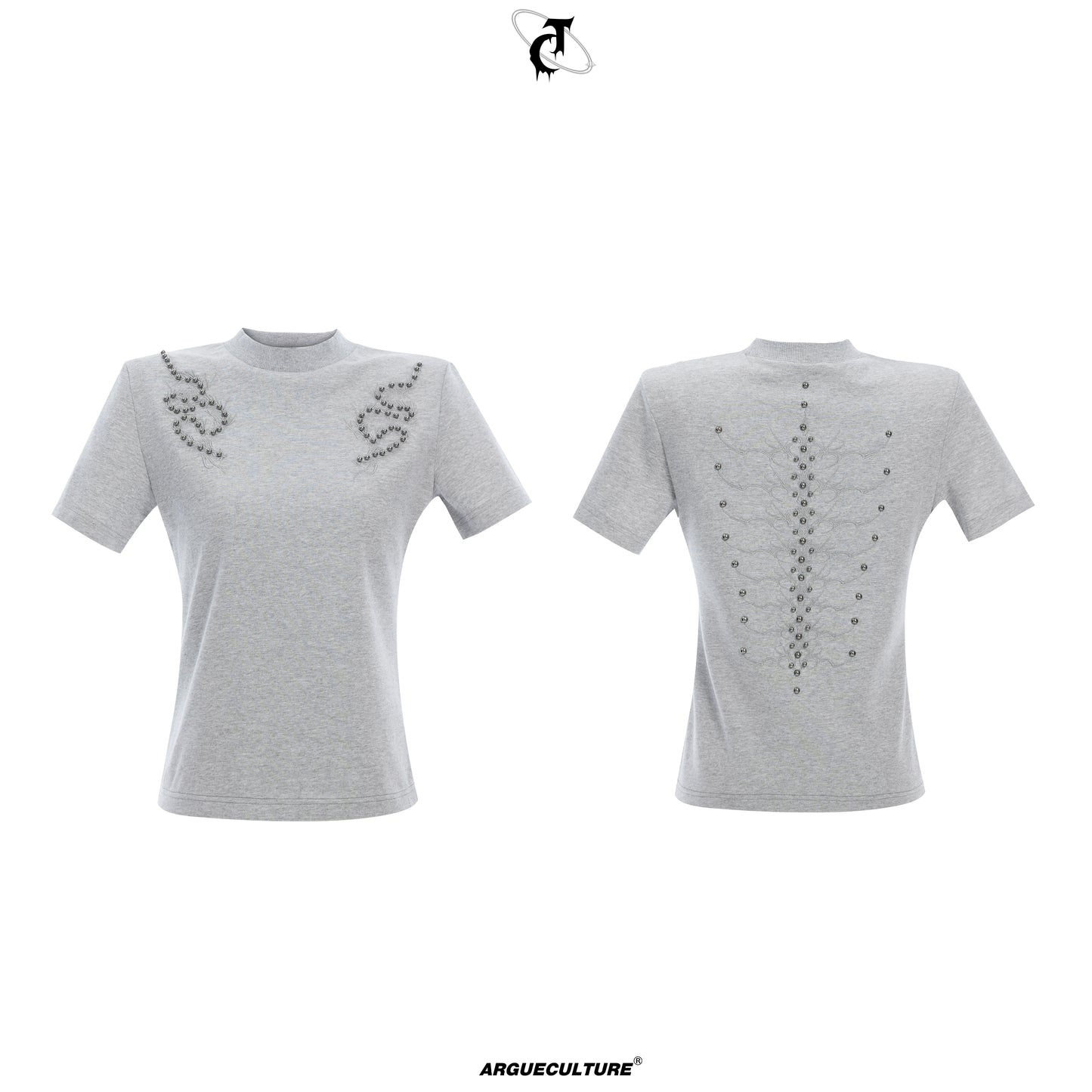Spine Embroidery Metal Studs Short Sleeve T-Shirt WN16311