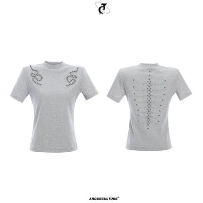 Spine Embroidery Metal Studs Short Sleeve T-Shirt WN16311