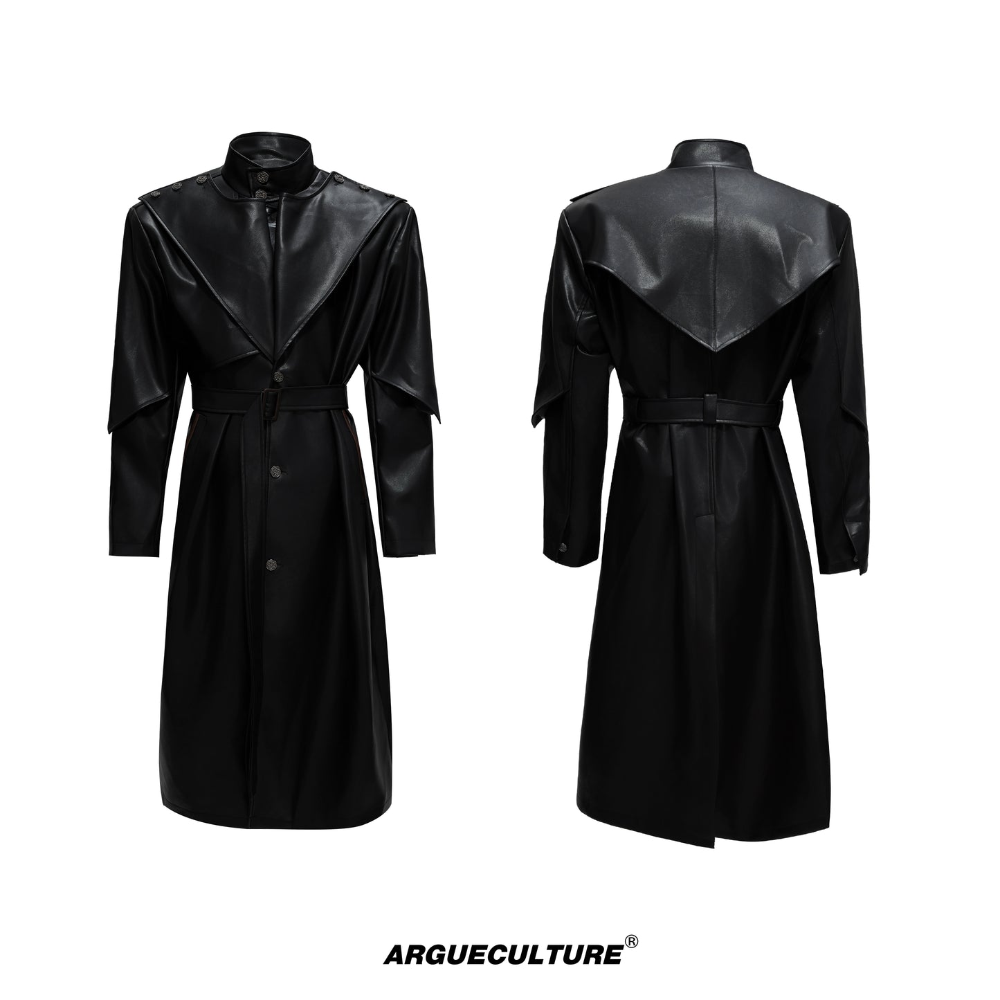 Standing-Collar Belted PU Leather Long Coat WN21748
