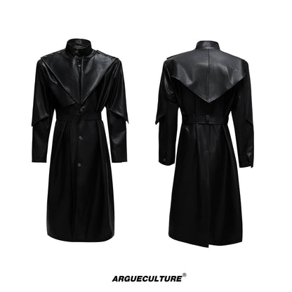 Standing-Collar Belted PU Leather Long Coat WN21748