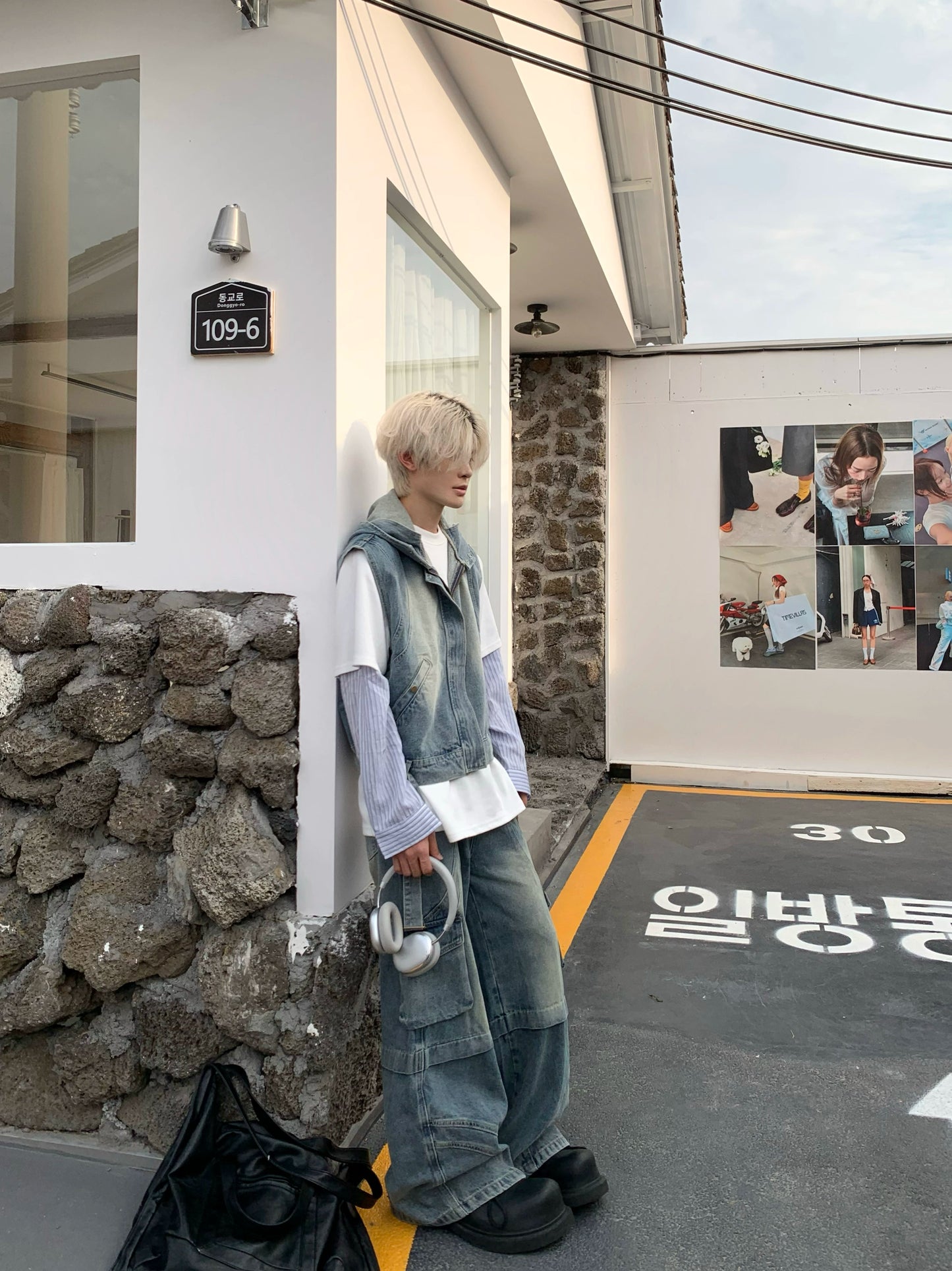 Washed Patchwork Hooded Denim Vest & Cargo Denim Jeans Setup WN19774